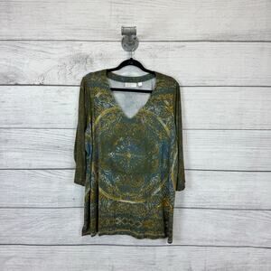 Belle by Kim Gravel Green and Gold Medallion V-Neck Blouse